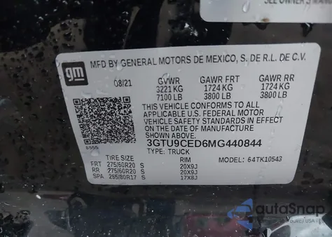 2021 GMC Sierra 1500 4Wd Short Box Elevation from USA, damaged, VIN 3GTU9CED6MG440844